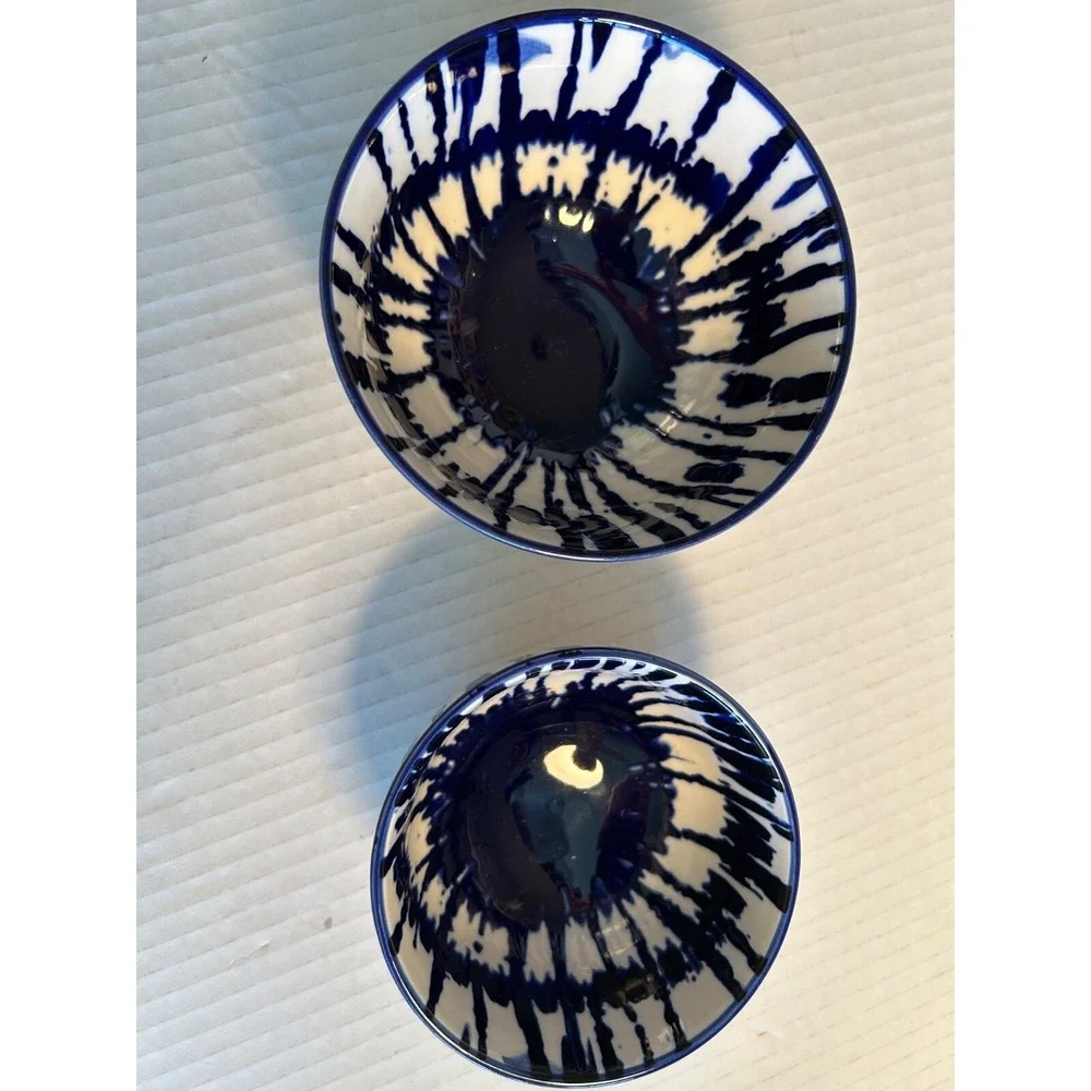 West Elm Indigo Tie Dye Bowls Set of 2 Blue White Ceramic Stoneware Decor